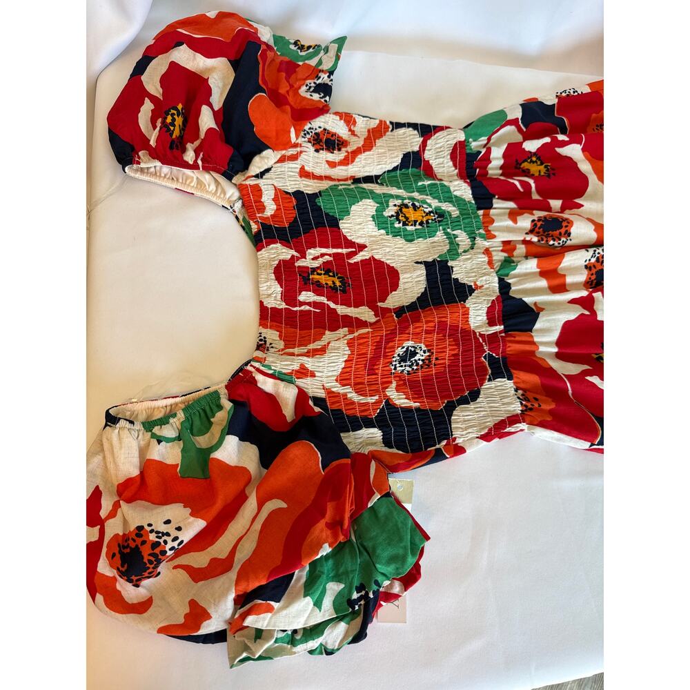 Vibrant Floral Midi Dress Size L NWT Puff Sleeve Linen Blend Summer Events Dress - Picture 9 of 9